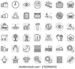 Editable thin line isolated vector icon set - percent, t shirt, eye vector, female sign, anamnesis, clock, cargo search, tourist, suitcase, garage, recycle, hammer, kettle, croissant, fire, gloves