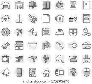 Editable thin line isolated vector icon set - tv, garage, district, repair, mirror, electricity, key, table, nightstand, dresser, Chair for babies, hair dryer, cutting board, pan, window, bell, mop