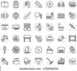 Editable Thin Line Isolated Vector Icon Set - Funnel, Church, Fence, Satellite, Truck Shipping, Rocket, Ticket, Windsurfing, Service Bell, Table, 3d Glasses Vector, Double Boiler, Rake, Toilet, Pool