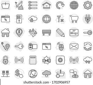 Editable thin line isolated vector icon set - dollar pin, route, invoice, key, ring button, satellite antenna vector, wireless mouse, lock, browser window, no signal, pencil, calculator, world, cart