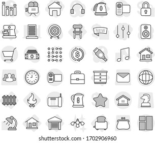 Editable Thin Line Isolated Vector Icon Set - Home, Equalizer, Globe, Cart, Chest Of Drawers, Chair, Radiator, Coffee Maker, Toaster, Kettle, Garage, Circuit Vector, Fire, Hard Reach Place Cleaning