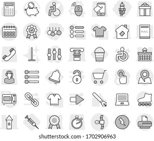 Editable thin line isolated vector icon set - sale, spark plug, disability vector, calendar, column, tower, university, medal, smart house, satellite, cart, map, electricity, bell, wireless mouse