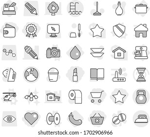 Editable thin line isolated vector icon set - cart, wallet, delete, heart, star, medal, lipstick, pencil, heavy, earth, pool, drop, coffee maker, pan, coil vector, helicopter, shield, camera, mop