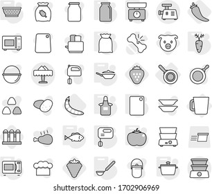 Editable thin line isolated vector icon set - restaurant, pan, cup, colander, kitchen scales, apron, ladle, cutting board, mixer, microwave oven, bank, flour, tomato, fish, carrot, berry, hot pepper