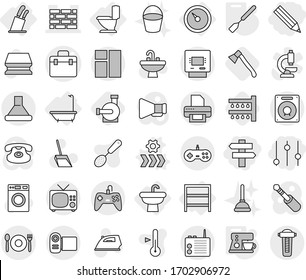 Editable thin line isolated vector icon set - pencil, equalizer, singlepost, doctor bag vector, brick wall, atm, cafe, barometer, sink, bath, toilet, rack, stands for knives, conveyor, spatula, axe
