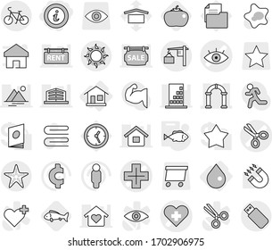 Editable thin line isolated vector icon set - info, heart cross vector, eye, scissors, arch, loading, bike, sun, starfish, home, drop, fish, tomato, towel, splotch, magnet, man, cent sign, run, star