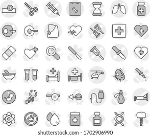 Editable thin line isolated vector icon set - artificial insemination vector, syringe, pipette, crutch, pills bottle, head reflector, hospital bed, ambulance helicopter, broken hand, dropper, lungs