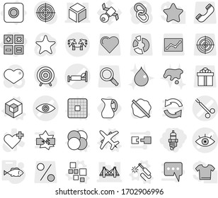 Editable thin line isolated vector icon set - calculator, spark plug, eye vector, hospital bed, surgical clamp, bridge, 3d, palm hammock, ring button, blocks, atom core, cpu, welding, plane, fish