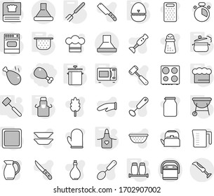 Editable Thin Line Isolated Vector Icon Set - Chicken Leg, Steam Pan, Colander, Chief Hat, Apron, Cutting Board, Egg Timer, Big Fork, Meat Hammer, Microwave Oven, Cooking Book, Salt Pepper, Bbq, Oil