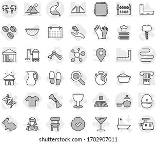 Editable thin line isolated vector icon set - t shirt, virus vector, stomach, intestines, column, ruler, pyramid, gothic architecture, port, palm hammock, chair, slippers, cpu, robot hand, egg timer