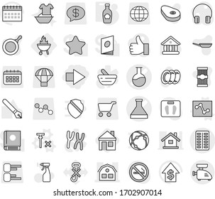 Editable thin line isolated vector icon set - right arrow, flask vector, pills blister, house, bbq, analytics, no signal, ketchup, sprayer, plates, handle washing, pan, pasta, steak, pen, university