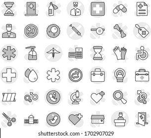 Editable thin line isolated vector icon set - doctor bag vector, medical cross, ambulance star, pregnancy, label, syringe, hospital recieption, sign, liquid soap, gloves, school building, heart