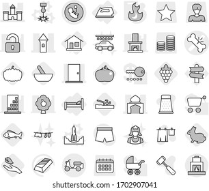 Editable thin line isolated vector icon set - pregnancy vector, broken bone, tower, castle, minaret, door, scooter shipping, home, bed, iron, laser, rocket start, fire, soil cutter, mortar, grape