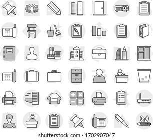 Editable thin line isolated vector icon set - store, copybook, hospital recieption vector, archive, skyscrapers, door, building, phone, clipboard, pen, hotel, chair, armchair, window, printer, list