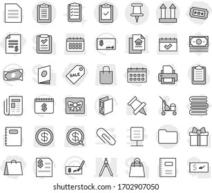 Editable thin line isolated vector icon set - account balance, shopping bag, sale label, ticket, calendar, drawing compasses, pin, clipboard, check, documents, cargo top sign, towels, printer vector