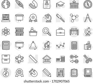 Editable thin line isolated vector icon set - copybook, test vial vector, university, ruler, chemical, charge particle, graduate hat, pen, pencil, school building, drawing compass, student, case