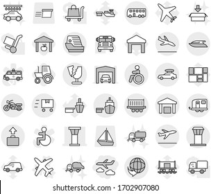 Editable thin line isolated vector icon set - journey, airport tower, delivery, truck shipping, port, warehouse, broken, fast deliver, car baggage, trailer, bus, motorcycle, departure, arrival, wash