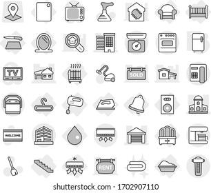 Editable thin line isolated vector icon set - houses, mansion, garage, house with, office, drop, mirror, dresser, hanger, armchair, crib, speaker, radiator, iron, washing, air conditioning, mixer