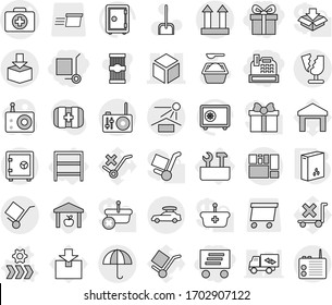Editable thin line isolated vector icon set - gift, cashbox, delivery, cargo stoller, doctor case vector, 3d, consolidated, trolley, dry, sun potection, top sign, package, broken, car baggage, safe