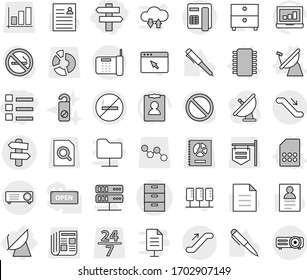 Editable thin line isolated vector icon set - list, singlepost, archive vector, escalator, no smoking, signpost, satellite antenna, chip, sim card, do not distrub, pen, document, laptop graph, 24 7