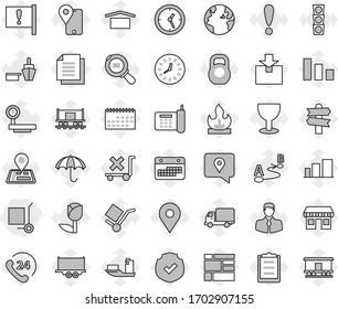 Editable thin line isolated vector icon set - cargo stoller, signpost vector, navigator, earth, map pin, Railway carriage, attention, office, traffic light, phone, 24, client, traking, ship, clock