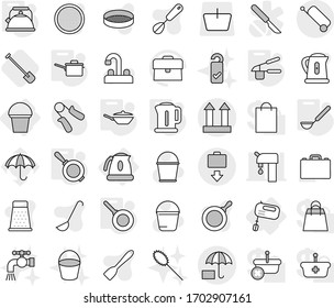 Editable thin line isolated vector icon set - cargo top sign, insurance, suitcase, baggage get, bucket, mixer, kettle, saute pan, garlic clasp, ladle, shovel, vector, water tap, duster, please clean