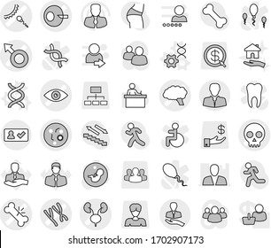 Editable thin line isolated vector icon set - eye vector, male sign, artificial insemination, broken bone, microbe, chromosomes, skull, sperm, kidneys, brain, client, check in, dna, edit, housing