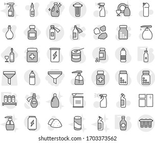 Editable thin line isolated vector icon set - funnel, cleanser, pills bottle vector, potion, vegetable oil, spices, ketchup, wine, window cleaning, liquid soap, sprayer, agent, garbage pile, dish