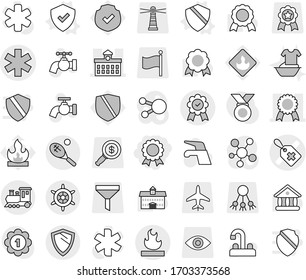 Editable thin line isolated vector icon set - medal, ambulance star vector, medical label, university, flammable, train, tennis, shield, handwheel, water tap, handle washing, protected, lighthouse
