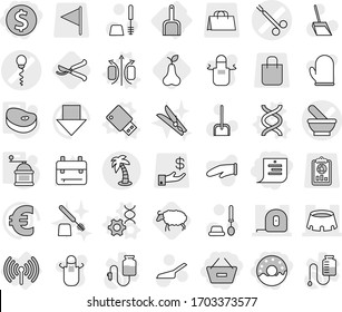 Editable thin line isolated vector icon set - dollar coin, remove from basket, shopping list, donut, mortar vector, sperm, surgical clamp, measuring tape, stadium, palm, wireless, scoop, dna, edit