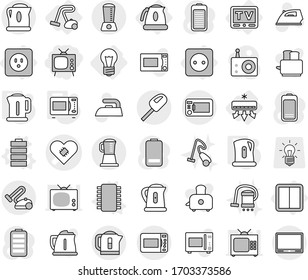 Editable thin line isolated vector icon set - tv, pacemaker vector, bulb, power socket, switch, air conditioning, kettle, vacuum cleaner, chip, battery, microwave oven, iron, toaster, radio, blender