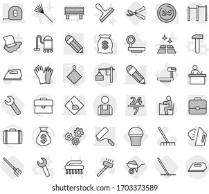 Editable thin line isolated vector icon set - under construction, pencil, measuring tape, repair, loading, workman, bucket, hammer vector, wrench, rag, fork, rake, wheelbarrow, gears, pruner, iron