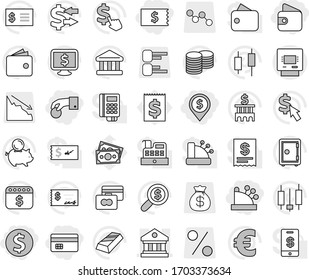 Editable thin line isolated vector icon set - hand coin, dollar, credit card, receipt, wallet, pin, cashbox, library, atm, bank vector, exchange, gold ingot, japanese candle, piggy, stack, check