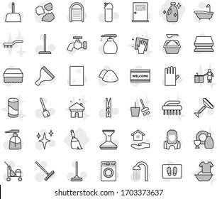 Editable thin line isolated vector icon set - cleanser, broom, scraper vector, cleaner trolley, mop, rake, scoop, clothespin, sponge, water tap, car fetlock, shining, window cleaning, welcome mat