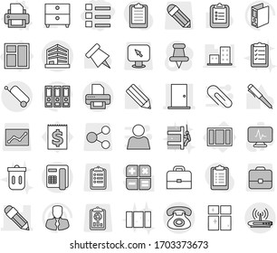Editable thin line isolated vector icon set - list, pencil, door, office, phone, suitcase, window, printer vector, shining, trash bin, clean, skyscrapers cleaning, clipboard, case, pen, paper pin