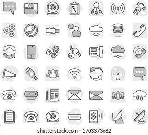 Editable thin line isolated vector icon set - mobile pay, loudspeaker, mail, consolidated cargo, intercome, phone, satellite antenna, cloud vector, service, web camera, wireless, gears, clipboard