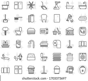 Editable thin line isolated vector icon set - fountain, toilet, plunger vector, fetlock, mop, scoop, bucket, sponge, trash bin, window cleaning, shining, paper, shower, and broom, foam, clean, brush