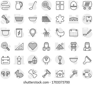 Editable thin line isolated vector icon set - delivery, heart vector, intestines, tower, bridge, port, cargo search, fast deliver, palm hammock, chair, colander, egg timer, ladle, sheep, field, jug