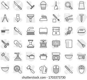 Editable thin line isolated vector icon set - nail, scalpel vector, level, saute pan, kitchen scales, garlic clasp, meat hammer, fork, bucket, fetlock, rake, car, iron, steaming, broom, sponge, pen