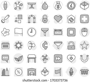 Editable thin line isolated vector icon set - box, funnel, spark plug, info, medical cross vector, virus, leafs, unlock, arch, clock, sun, starfish, lock, windmill, horseshoe, splotch, drop, ladle