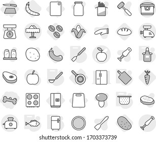 Editable thin line isolated vector icon set - bone, apple vector, restaurant, fridge, cutting board, pan, colander, apron, spatula, ladle, fish, coffee seeds, corn, eggplant, bread, carrot, potato