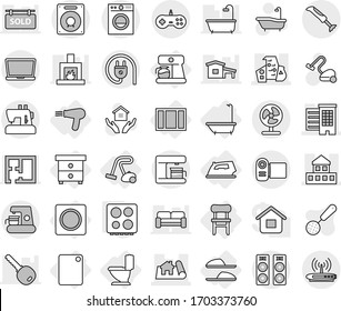 Editable thin line isolated vector icon set - project, cottage, houses, modern architecture, bath, toilet, nightstand, chair, iron, coffee maker, hair dryer, cutting board, window, ring button, hob