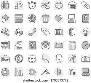 Editable thin line isolated vector icon set - bin, journey, greenhouse, phone, bulb, garage, vector, office, computer, no signal, watering, sickle, towel, calculator, alarm clock, dollar coin, cross