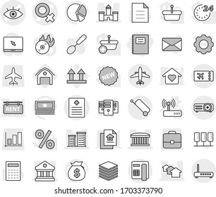 Editable thin line isolated vector icon set - copybook, eye vector, female sign, recipe, castle, library, airport building, houses, district, ticket, airplane, suitcase, router, barn, skimmer, cash