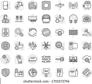 Editable thin line isolated vector icon set - earth vector, Railway carriage, plane, truck trailer, sea container, protected, satellitie, tv, video camera, touchscreen, headphones, classic phone