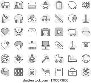 Editable thin line isolated vector icon set - bbq, pool, vacuum cleaner vector, mop, sponge, welcome mat, turk coffee, plates, mushroom, copybook, corner ruler, award cup, leaf, pie graph, binder