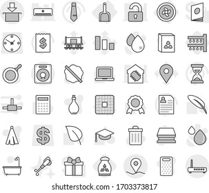 Editable thin line isolated vector icon set - geo pin, package, cooler fan, scoop, cpu vector, watering, fertilizer, sponge, trash bin, splotch, bath, blower, pan, oil, towel, grater, cereal, pen