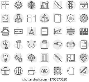 Editable thin line isolated vector icon set - eye vector, anamnesis, draw compass, window, level, traffic light, support manager, protected, hi quality package, anchor, airport tower, palm, hammer