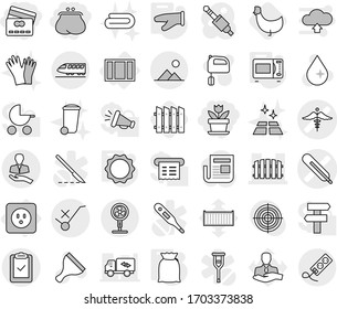 Editable thin line isolated vector icon set - purse, credit card, flower, medical thermometer vector, ambulance sign, fence, client, clipboard check, do not trolley, train, landscape, power socket