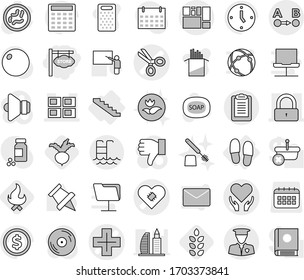 Editable thin line isolated vector icon set - store signboard, scissors vector, health care, pacemaker, cross, panel house, lock, route a to b, consolidated cargo, clipboard, security man, pool
